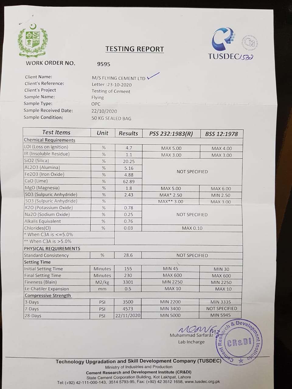 Flying Cement Testing Report 